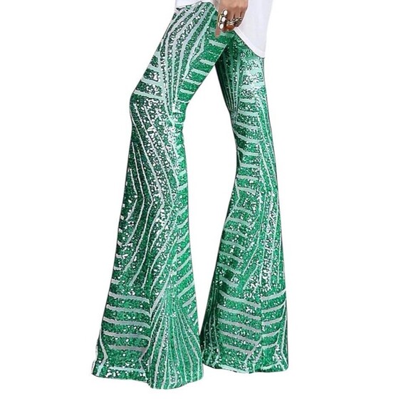 Women High Waist Wide Leg Palazzo Lounge Pants Sequin Bell Bottoms NIB - Picture 1 of 8